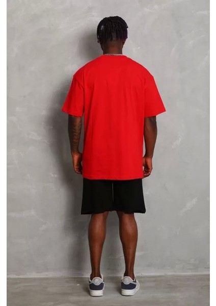 Unisex Oversize Düz Bisiklet Yaka T-Shirt - Kırmızı fiyatları