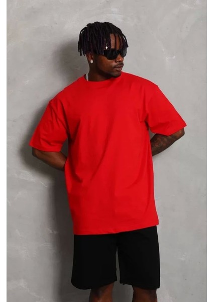 Unisex Oversize Düz Bisiklet Yaka T-Shirt - Kırmızı modelleri