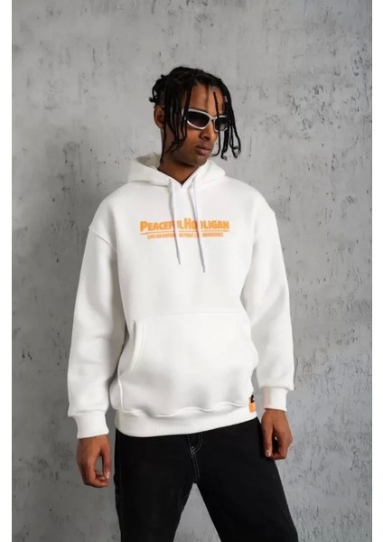 Erkek Armalı Baskılı Kapüşonlu Sweatshirt - Beyaz fiyatları