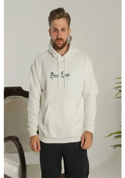 Erkek Sırt Baskılı Oversize Üç Iplik Kapüşonlu Sweatshirt - Beyaz