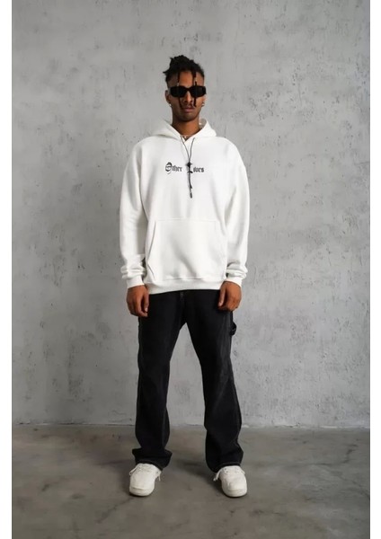 Erkek Sırt Baskılı Oversize Üç Iplik Kapüşonlu Sweatshirt - Beyaz