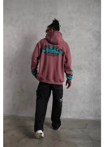 Erkek Üç Iplik Içi Pamuklu Alev Baskılı Kapüşonlu Sweatshirt - Gül Kurusu