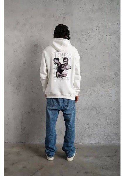 Erkek Kol ve Etek Ribana Baskılı Kapüşonlu Sweat - Beyaz modelleri