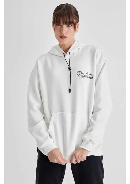 Kapüşonlu Sırt Baskılı Üç Iplik Oversize Sweatshirt - Beyaz