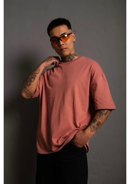 Erkek 24/1 Düz Oversize T-Shirt - Gül Kurusu