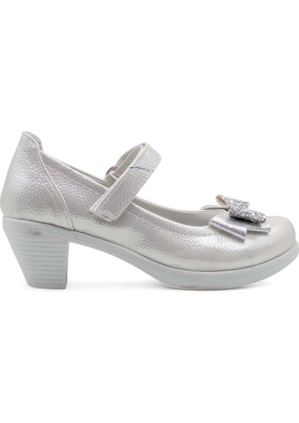 Fiyonklu Topuklu Kız Çocuk Babet Ayakkabı Gümüş