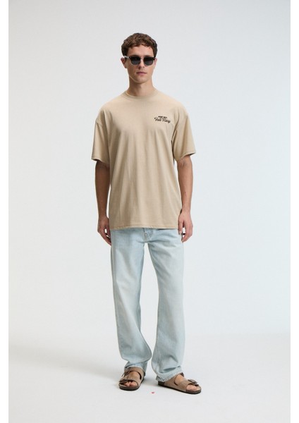 Flavor Erkek Oversize %100 Pamuk Baskılı Yuvarlak Yaka Bej T-Shirt