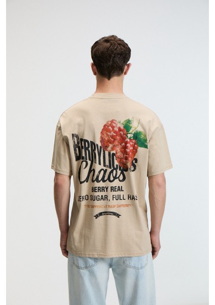 Flavor Erkek Oversize %100 Pamuk Baskılı Yuvarlak Yaka Bej T-Shirt fiyatları