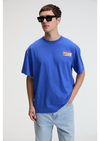 Snack Erkek Oversize Fit %100 Pamuk Baskılı Yuvarlak Yaka Saks Mavi T-Shirt