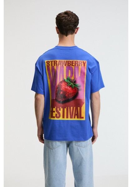 Snack Erkek Oversize Fit %100 Pamuk Baskılı Yuvarlak Yaka Saks Mavi T-Shirt fiyatları