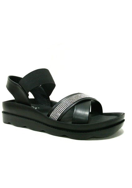 Siyah Lastik Bantlı Anatomik Comfort Sandalet