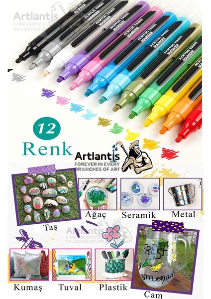 12 Renk Akrilik Markör Keçeli Kalem 1 Adet 12 Li Acrylic Marker Taş Cam Metal Seramik Plastik Tuval Ahşap 0.7-1 cm fiyatları