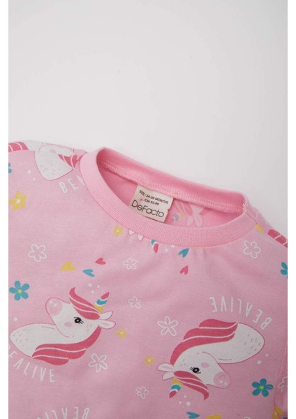 Yeni Sezon Kız Bebek Unicorn Baskılı Pijama Takımı Uzun Kollu Üst Beli Lastikli Uzun Alt
