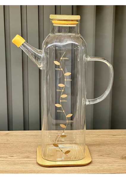 Bambu Tabaklı ve Bambu Kapaklı Kare Cam Yağlık 1000 ml