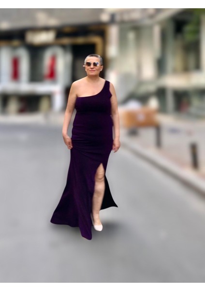 Sim Görünümlü Tek Omuz Önden Yırtmaçlı Abiye