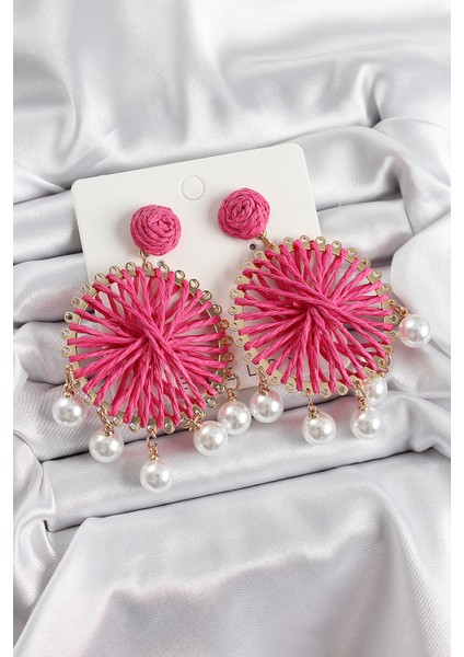 Pembe Hasır Örgü Sarmal Model Sallantılı Inci Detaylı Gold Renk Kadın Küpe