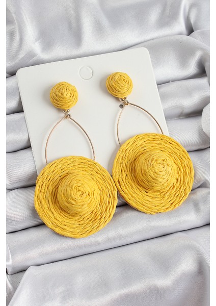 Sarı Şapka Figürlü Hasır Örgü Model Sallantılı Gold Renk Kadın Küpe