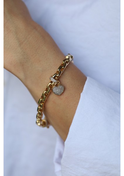 14 Ayar Altın Kalp Detaylı Kalın Zincir Bileklik