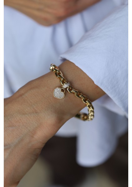 14 Ayar Altın Kalp Detaylı Kalın Zincir Bileklik fiyatları