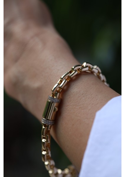 14 Ayar Altın Kalp Detaylı Kalın Zincir Bileklik modelleri