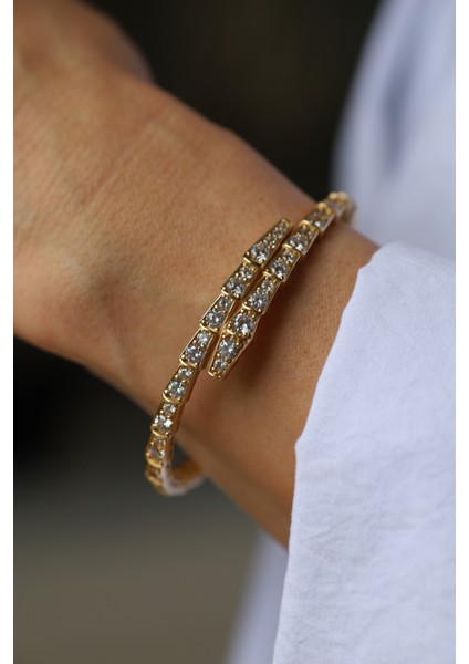 14 Ayar Altın Taşlı Yılan Desenli Kelepçe