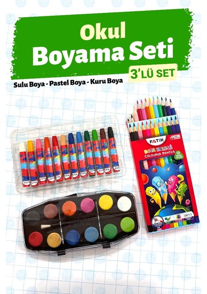 Okul Boyama Seti 3'lü Set - 12'li Sulu Boya 12'li Kuru Boya 12'li Pastel BOYA-T1405 fırsatları