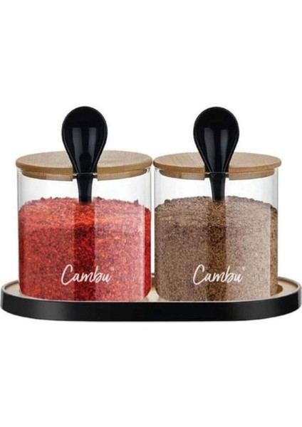 Borosilikat Cambu Kaşıklı Bambu Baharatlık Seti 2'li