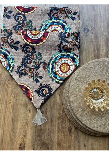 Mandala Jüt Desenli Duck Keten Runner ve Gerçek Jüt 6'lı Supla Seti