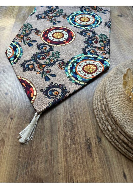 Mandala Jüt Desenli Duck Keten Runner ve Gerçek Jüt 6'lı Supla Seti