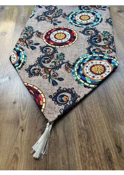 Mandala Jüt Desenli Duck Keten Runner ve Gerçek Jüt 6'lı Supla Seti