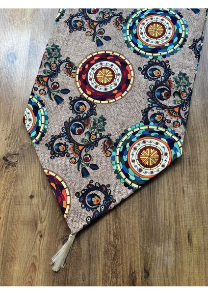 Mandala Jüt Desenli Duck Keten Runner ve Gerçek Jüt 6'lı Supla Seti
