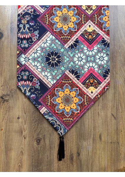 Vintage Çiçekler Duck Keten Runner ve 6'lı Lacivert Supla Seti