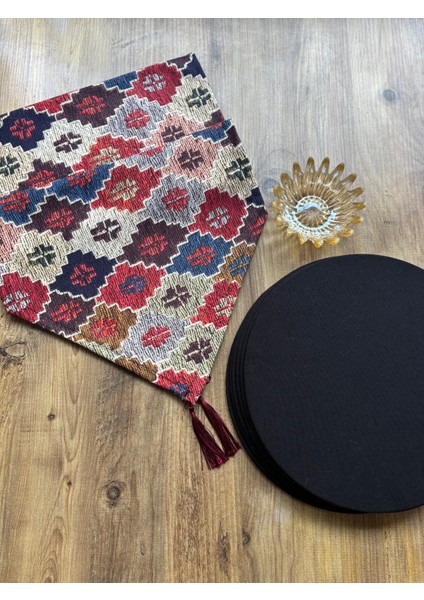Kilim Desen Duck Keten Runner ve 6'lı Siyah Supla Seti