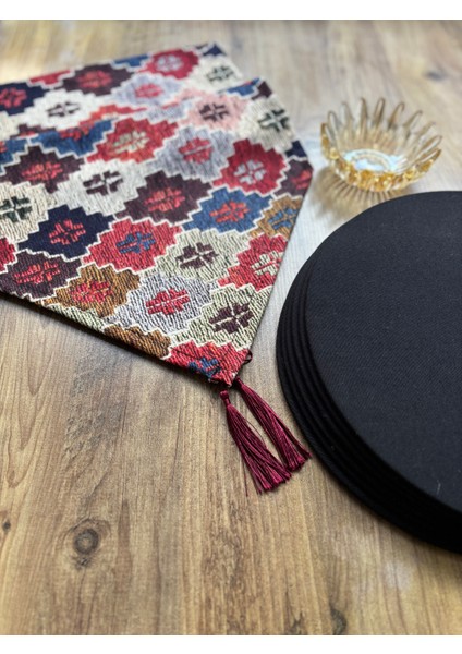 Kilim Desen Duck Keten Runner ve 6'lı Siyah Supla Seti