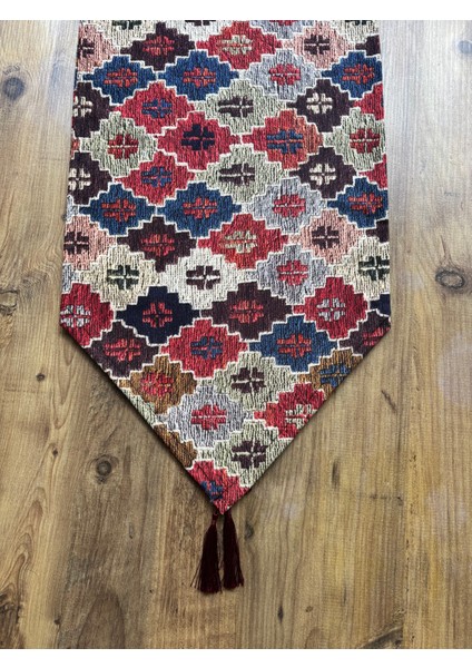 Kilim Desen Duck Keten Runner ve 6'lı Siyah Supla Seti