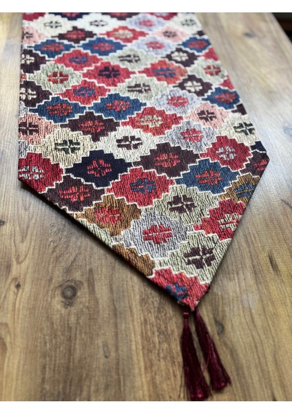 Kilim Desen Duck Keten Runner ve 6'lı Siyah Supla Seti