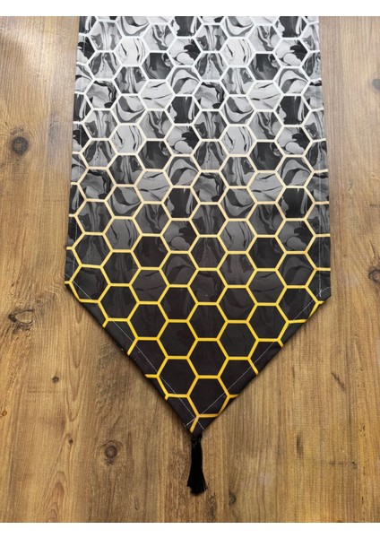 Modern Siyah Altıgen Duck Keten Runner ve 6'lı Gri Supla Seti