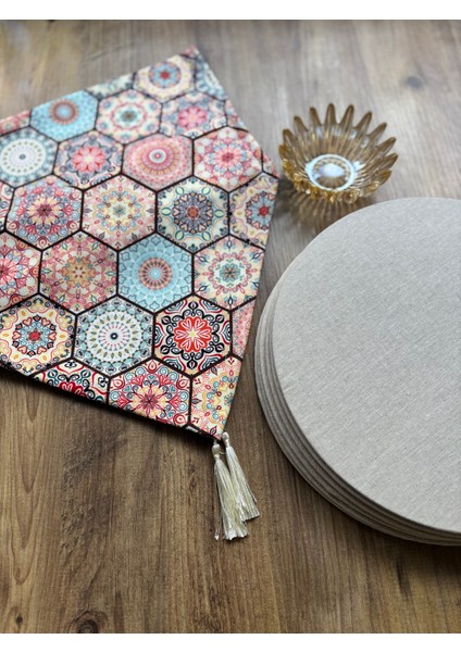 Soft Altıgen Duck Keten Runner ve Krem Rengi 6'lı Supla Seti