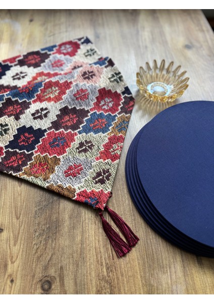 Kilim Desen Duck Keten Runner ve 6'lı Lacivert Supla Seti