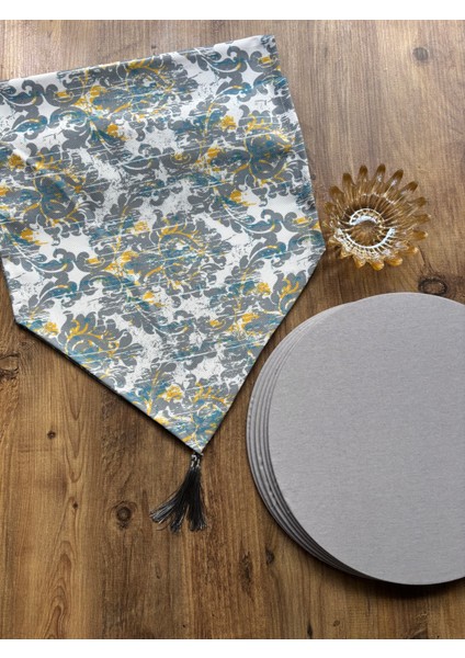 Mint Avangart Duck Keten Runner ve 6'lı Krem Supla Seti