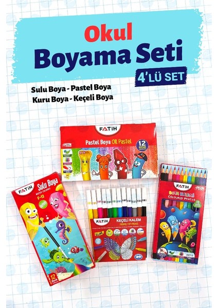 Okul Boyama Seti 4'lü Set - 12'li Sulu Boya 12'li Kuru Boya 12'li Pastel Boya 12'li Keçeli KALEM-T1406