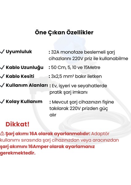 7,4kW Elektrikli Araç Şarj Cihazı için 50Cm Ev Tipi Fişli Dönüştürücü Adaptör