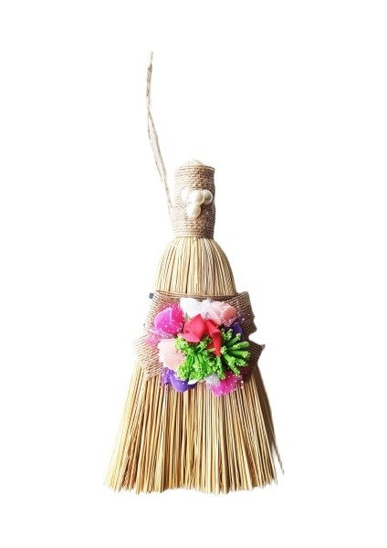Çiçekli Inci Boncuklu Mini Boy Çalı Süpürgesi Nostaljik Duvar Dekoru