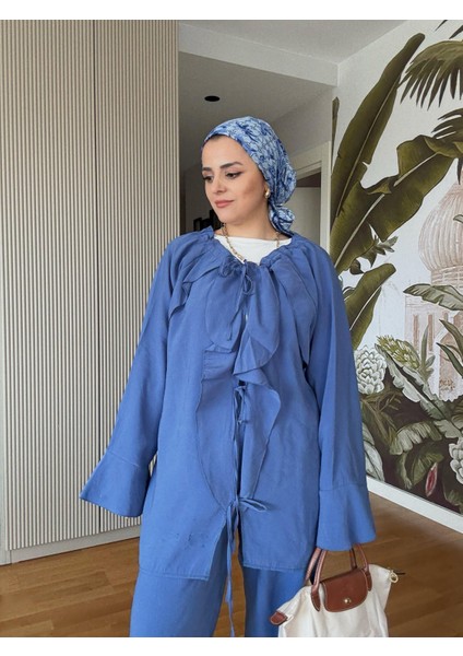 Fırfırlı Pamuklu Kimono Takım – Yazlık Dökümlü Ikili Takım Indigomavi