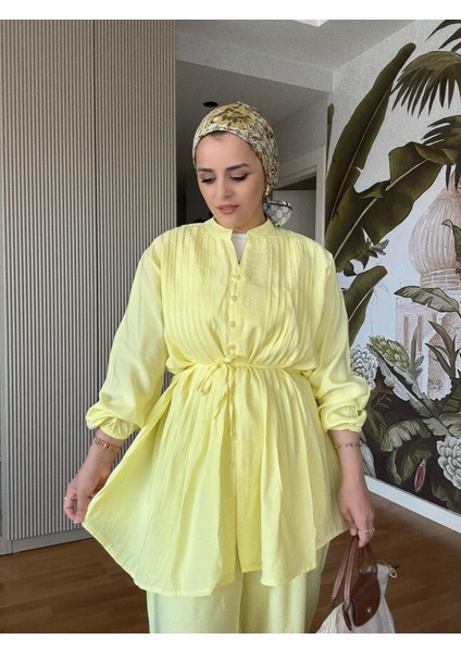 Top Düğmeli Kuşaklı Pamuklu Takım – Yazlık Ikili Takım Sarı