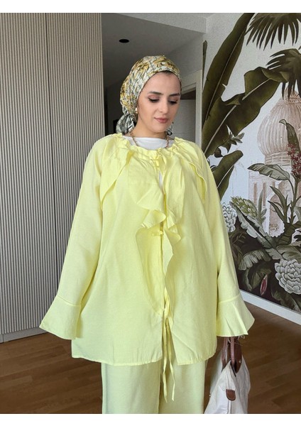 Fırfırlı Pamuklu Kimono Takım – Yazlık Dökümlü Ikili Takım Sarı