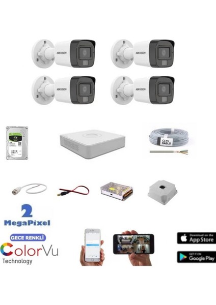 Gece Renkli Görüş Güvenlik Kamerası 4lü Set 500 GB HDD