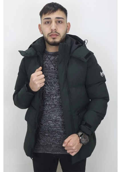 Fistan Store Erkek Hakim Yaka Spor Kesim Dar Kalıp Kapüşonlu Kışlık Şişme Mont