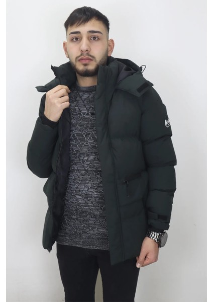 Fistan Store Erkek Hakim Yaka Spor Kesim Dar Kalıp Kapüşonlu Kışlık Şişme Mont