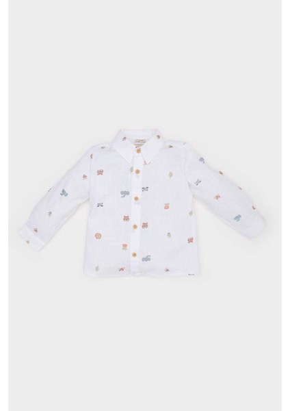 Yeni Sezon Erkek Bebek Hayvan Desenli Flamlı Poplin Uzun Kollu Gömlek
